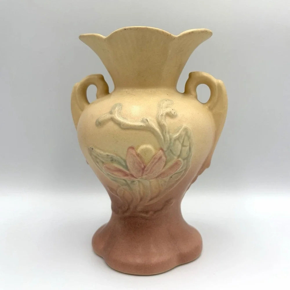 Hull Art Pottery Matte Magnolia Vase 4-6 1/4 YellowPink Floral Double Handle USA